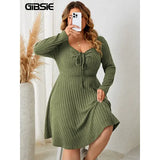 Gibsie plus size long sleeve ribbed A-line dress army green vintage style