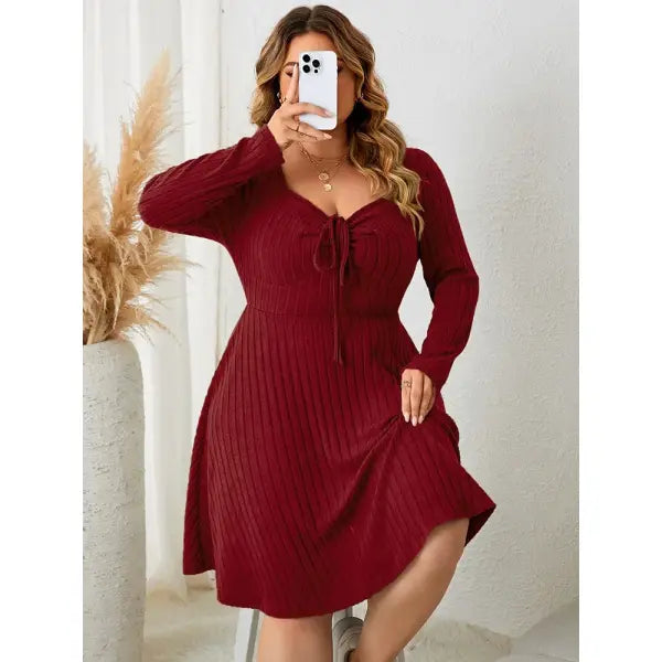 Gibsie plus size long sleeve ribbed A-line dress army green vintage style - Burgundy / 4XL