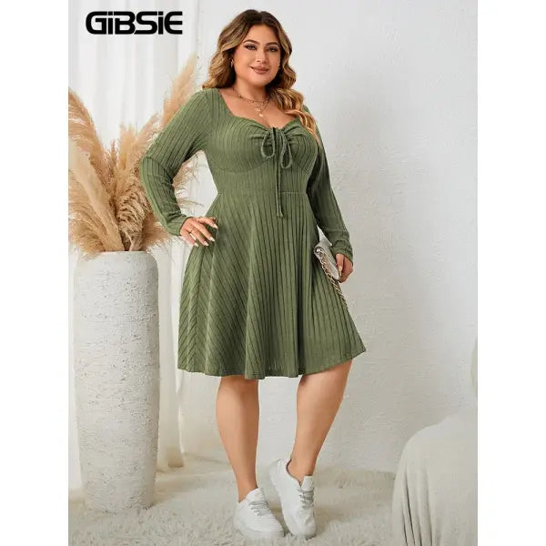 Gibsie plus size long sleeve ribbed A-line dress army green vintage style