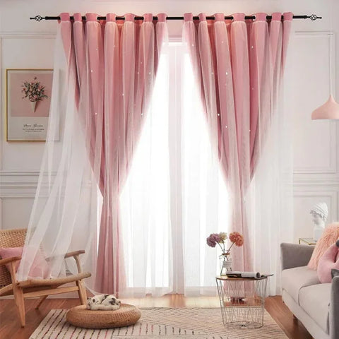 Girls’ Double-Layer Star Curtains - Princess Bedroom Romantic Decor