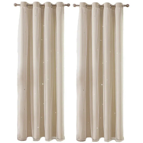 Girls’ Double-Layer Star Curtains - Princess Bedroom Romantic Decor - Beige 2Panels / 100X130