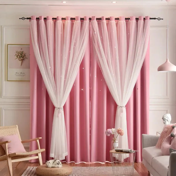 Girls’ Double-Layer Star Curtains - Princess Bedroom Romantic Decor