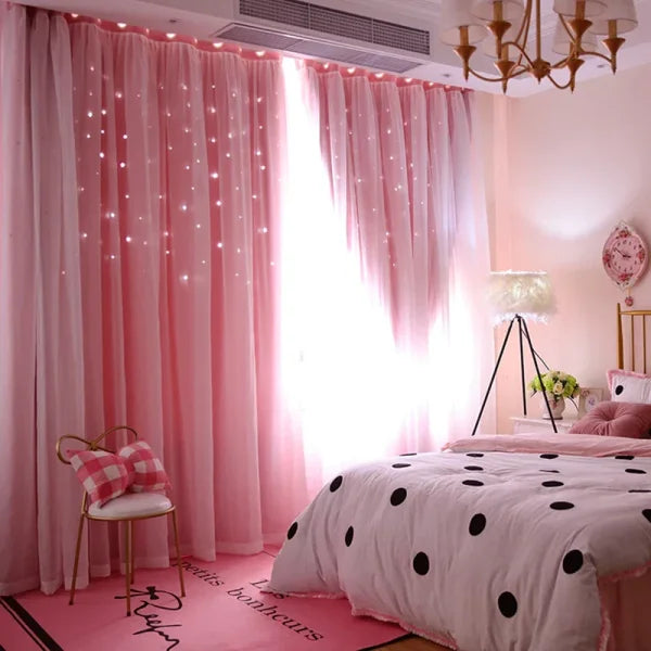 Girls’ Double-Layer Star Curtains - Princess Bedroom Romantic Decor