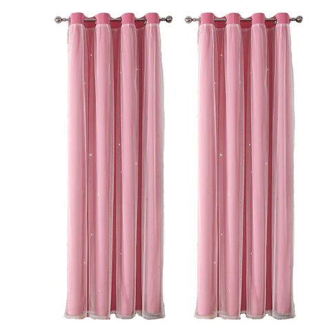 Girls’ Double-Layer Star Curtains - Princess Bedroom Romantic Decor - Pink 2Panels / 100X130