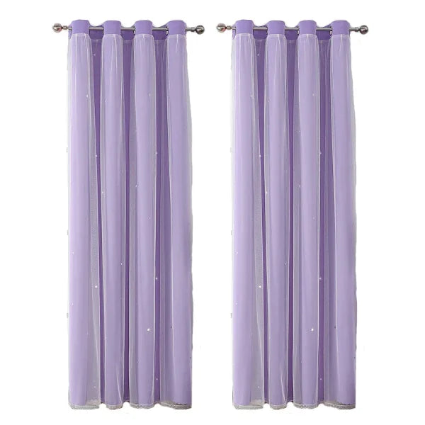 Girls’ Double-Layer Star Curtains - Princess Bedroom Romantic Decor - Purple 2Panels / 100X130