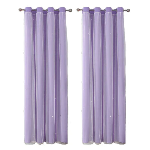 Girls’ Double-Layer Star Curtains - Princess Bedroom Romantic Decor - Purple 2Panels / 100X130