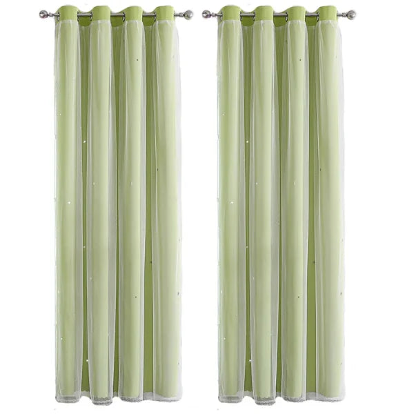 Girls’ Double-Layer Star Curtains - Princess Bedroom Romantic Decor - Green 2Panels / 150X200