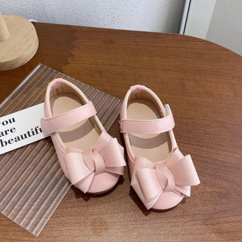 Girl’s Princess Shoes with Bowtie – Elegant Hook-Loop Party Flats - pink / 24-insole15.0cm