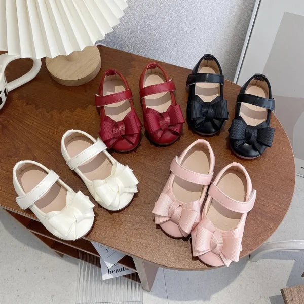 Girl’s Princess Shoes with Bowtie – Elegant Hook-Loop Party Flats