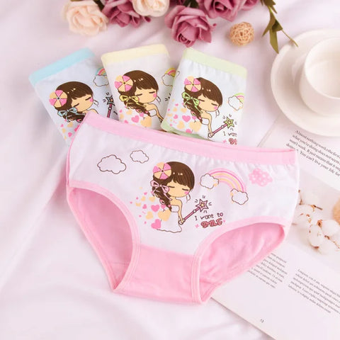 Pink children’s underwear girls featuring a cartoon girl design on pure cotton boxer
