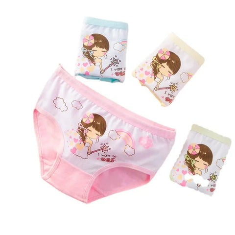 Pink girls pure cotton boxer underwear featuring a cartoon girl print for children’s comfort