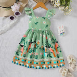 Girls Summer Plant Print Dress Polyester 4-6 Years - green / 6Y