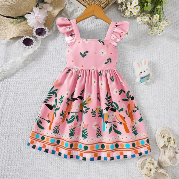 Girls Summer Plant Print Dress Polyester 4-6 Years - Pink / 4Y