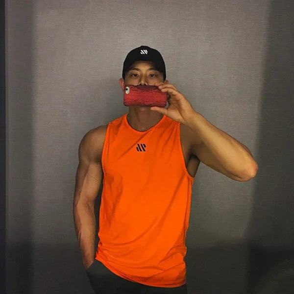 GITF Men’s Bodybuilding Tank Top - Gym Workout Fitness Stringer Singlet - orange / M