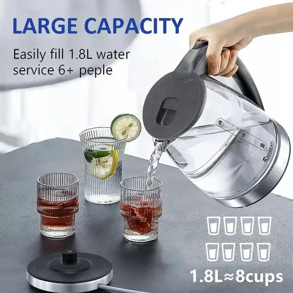 Glass electric kettle with 1.8L capacity pouring water into glasses