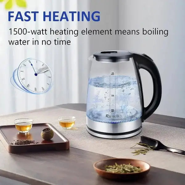 1.8L glass electric kettle with blue illuminated water for efficient brewing