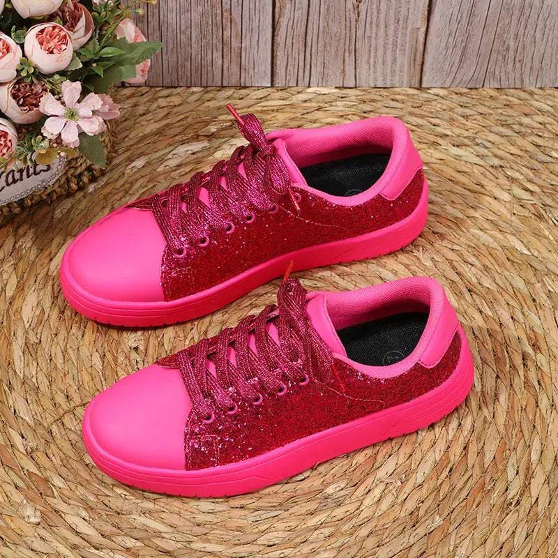 Glitter Flats - Sparkly Fashion Sneakers with Sequin Design - Rose Red / Size35