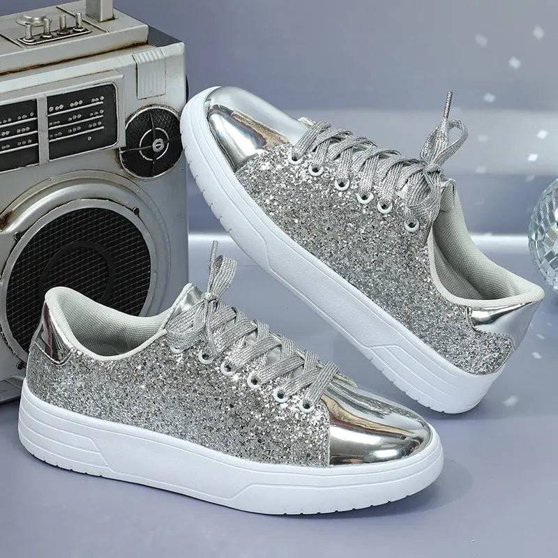 Glitter Flats - Sparkly Fashion Sneakers with Sequin Design - Silver / Size35