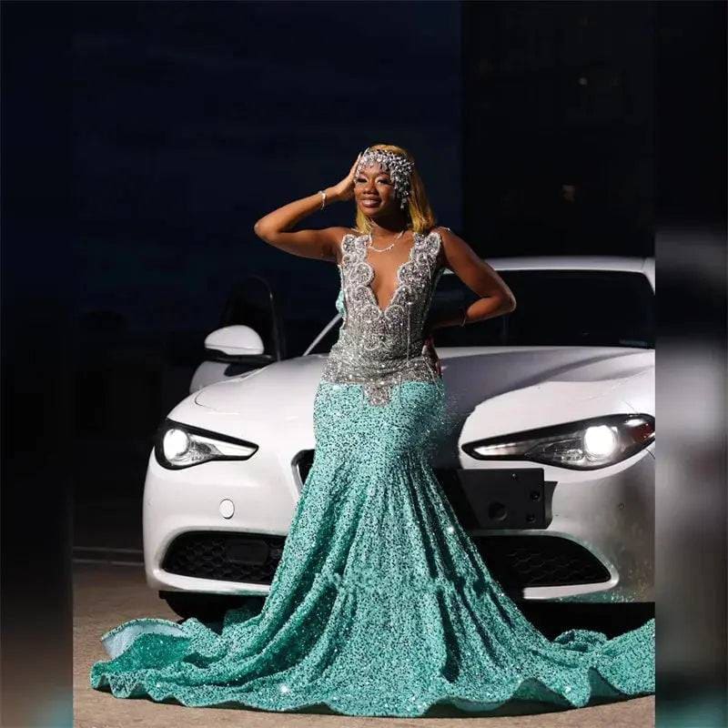 Glittering Mermaid Prom Dress with Diamonds and Rhinestones - Mint Green / 2