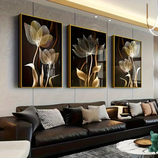 Black Gold Flower Luxury Canvas Painting Modern Living Room Wall Art Decor Plant Leaf Poster for Home Decorati - Himpall