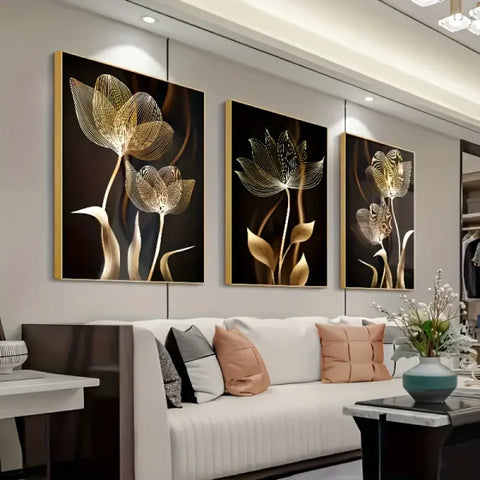 Black Gold Flower Luxury Canvas Painting Modern Living Room Wall Art Decor Plant Leaf Poster for Home Decorati - Himpall