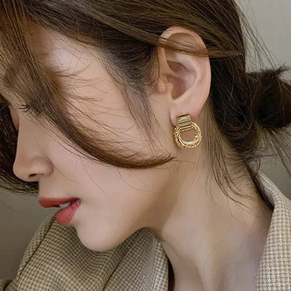 Gold Color Stud Earrings Retro Multi Circle Metal Korean Fashion Jewelry