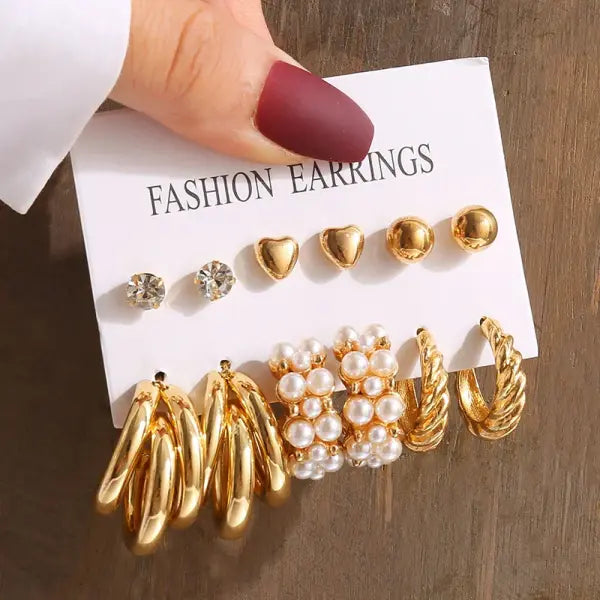 Gold Vintage Geometric Pearl Earrings – Square & Round Dangle Set for Women Trendy Party Jewelry - OV54047