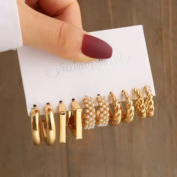 Gold Vintage Geometric Pearl Earrings – Square & Round Dangle Set for Women Trendy Party Jewelry - OV54723