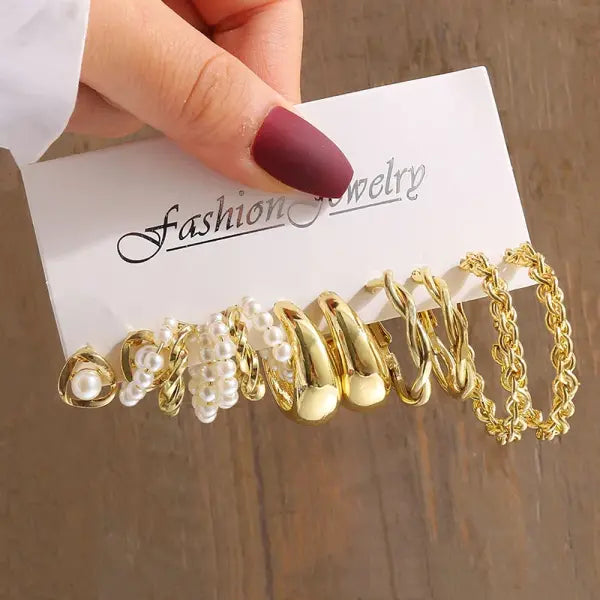 Gold Vintage Geometric Pearl Earrings – Square & Round Dangle Set for Women Trendy Party Jewelry - OV5627801