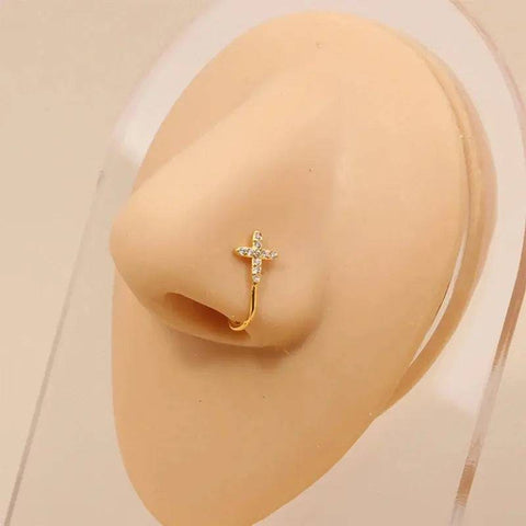 Gold Nose Cuff - Stylish Crystal Zircon Clip-On Nose Ring for Women - E