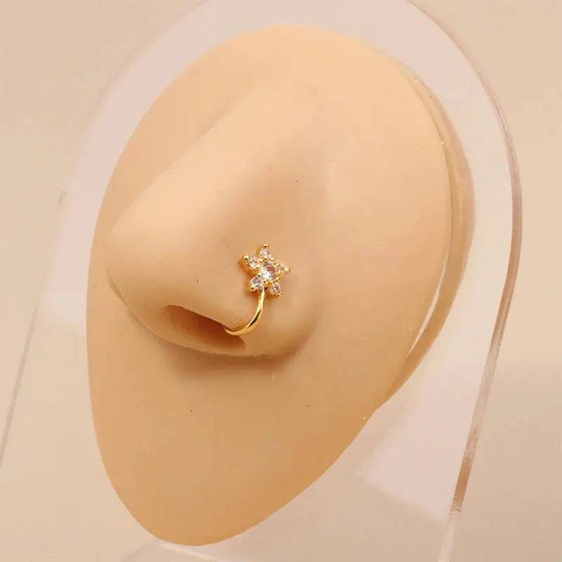 Gold Nose Cuff - Stylish Crystal Zircon Clip-On Nose Ring for Women - P