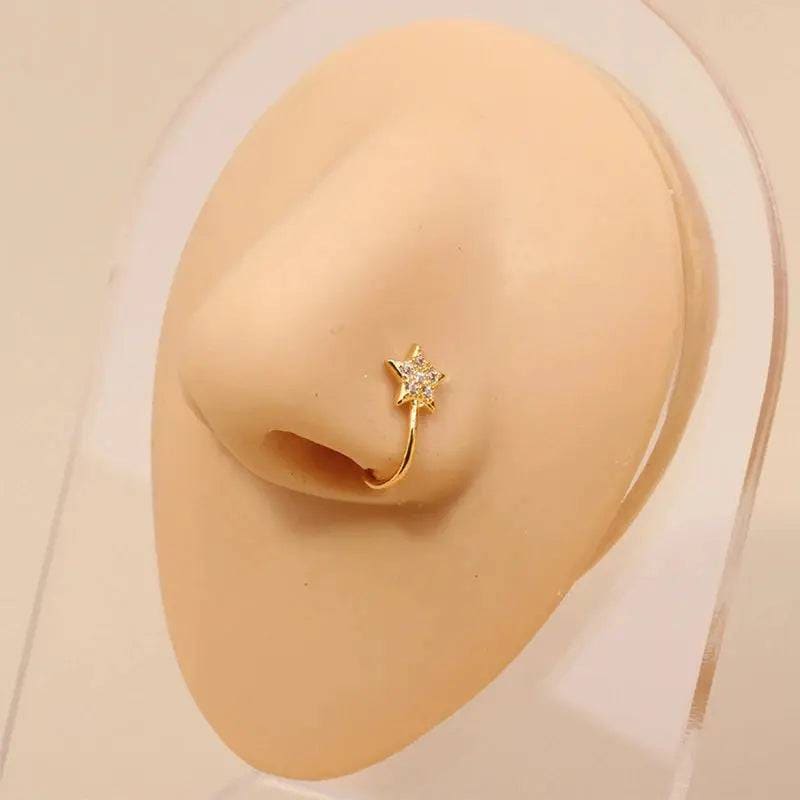 Gold Nose Cuff - Stylish Crystal Zircon Clip-On Nose Ring for Women - T