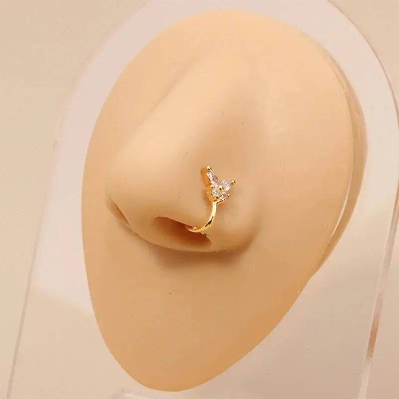 Gold Nose Cuff - Stylish Crystal Zircon Clip-On Nose Ring for Women - U