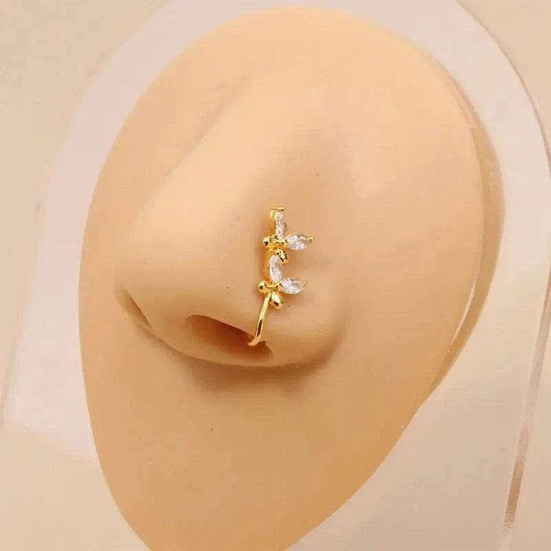 Gold Nose Cuff - Stylish Crystal Zircon Clip-On Nose Ring for Women - V