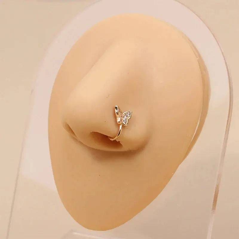 Gold Nose Cuff - Stylish Crystal Zircon Clip-On Nose Ring for Women - X