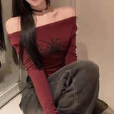 Gothic Grunge Off-Shoulder Long Sleeve Top - Y2K Vintage Korean Style Streetwear Crop Top