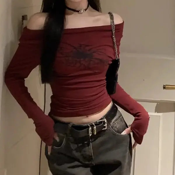Gothic Grunge Off-Shoulder Long Sleeve Top - Y2K Vintage Korean Style Streetwear Crop Top