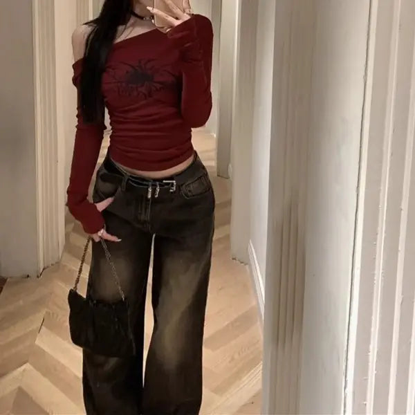 Gothic Grunge Off-Shoulder Long Sleeve Top - Y2K Vintage Korean Style Streetwear Crop Top