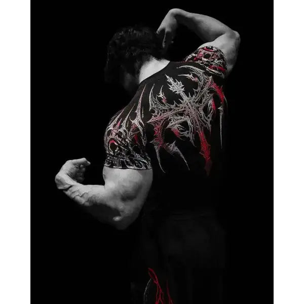 Gothic Print Muscle Tee Multi Size High Elasticity Quick Dry Gym Shirt - Black white red / XS