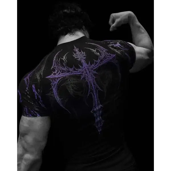 Gothic Print Muscle Tee Multi Size High Elasticity Quick Dry Gym Shirt - Black Purple / XS