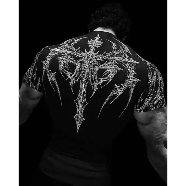 Gothic Print Muscle Tee Multi Size High Elasticity Quick Dry Gym Shirt - Black white / XS