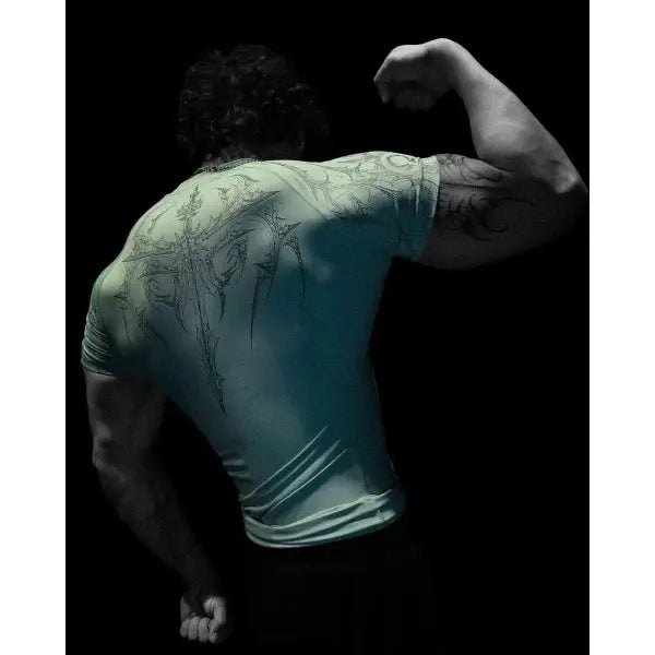 Gothic Print Muscle Tee Multi Size High Elasticity Quick Dry Gym Shirt - Green / S