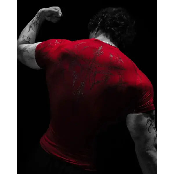 Gothic Print Muscle Tee Multi Size High Elasticity Quick Dry Gym Shirt - Red / XL