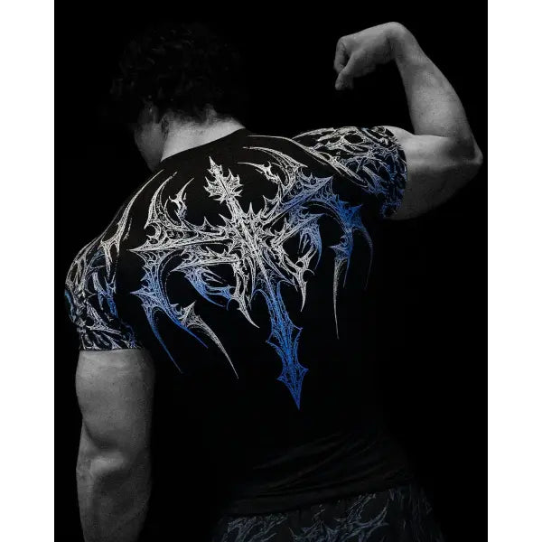 Gothic Print Muscle Tee Multi Size High Elasticity Quick Dry Gym Shirt - Black blue / S