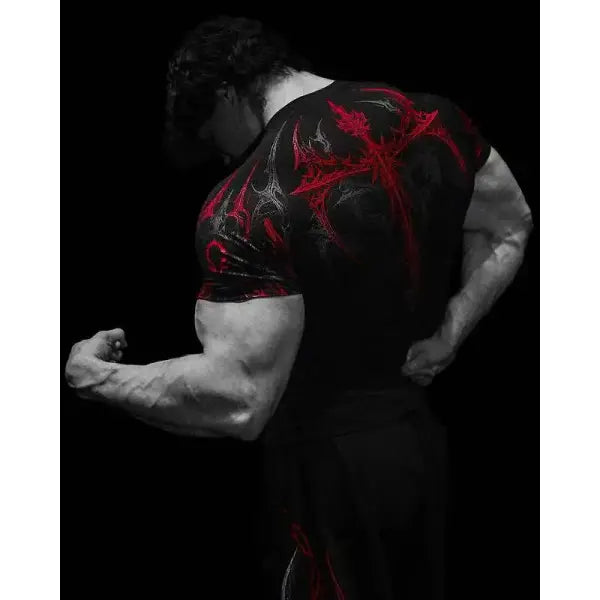 Gothic Print Muscle Tee Multi Size High Elasticity Quick Dry Gym Shirt - Black red / L