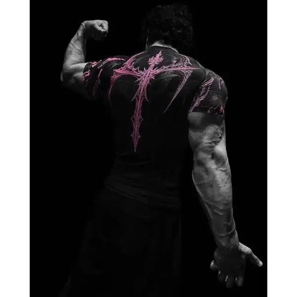 Gothic Print Muscle Tee Multi Size High Elasticity Quick Dry Gym Shirt - Black pink / XS