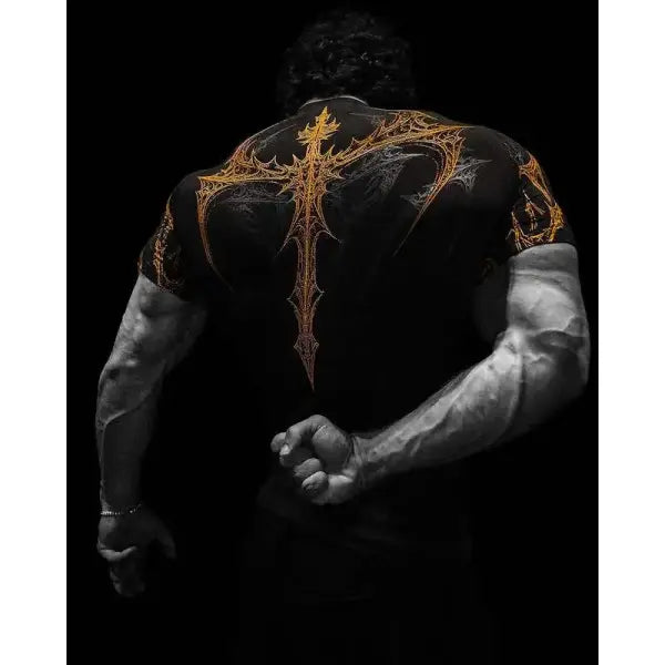 Gothic Print Muscle Tee Multi Size High Elasticity Quick Dry Gym Shirt - Black golden / XS