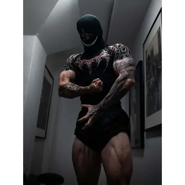 Gothic Print Muscle Tee Multi Size High Elasticity Quick Dry Gym Shirt