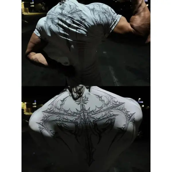 Gothic Print Muscle Tee Multi Size High Elasticity Quick Dry Gym Shirt