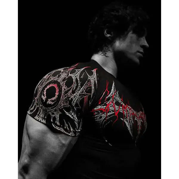 Gothic Print Muscle Tee Multi Size High Elasticity Quick Dry Gym Shirt